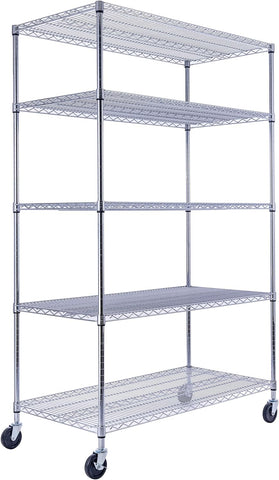 48"x24"x72" PRIME HEAVY DUTY Chrome 5-Tier Steel Wire Shelving NSF 4000 LBS MAX Capacity Storage Rack for Commercial, School, Government, Home, Garage, Warehouse, Industrial, and Hospital (w/ Wheels)