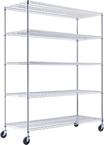 60"x24"x72" PRIME HEAVY DUTY Chrome 5-Tier Wire Shelving NSF 3000 LBS MAX Capacity Storage Rack for Commercial, School, Government, Home, Garage, Warehouse, Industrial, and Hospital (with Wheels)