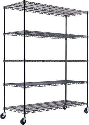 60"x24"x72" PRIME HEAVY DUTY Black 5-Tier Wire Shelving NSF 3000 LBS MAX Capacity Storage Rack for Commercial, School, Government, Home, Garage, Warehouse, Industrial, and Hospital (with Wheels)