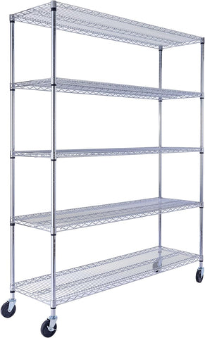 60"x18"x72" PRIME HEAVY DUTY Chrome 5-Tier Wire Shelving 4000 LBS MAX Capacity Storage Rack for Commercial, School, Government, Home, Garage, Warehouse, Industrial, and Hospital (with Wheels)