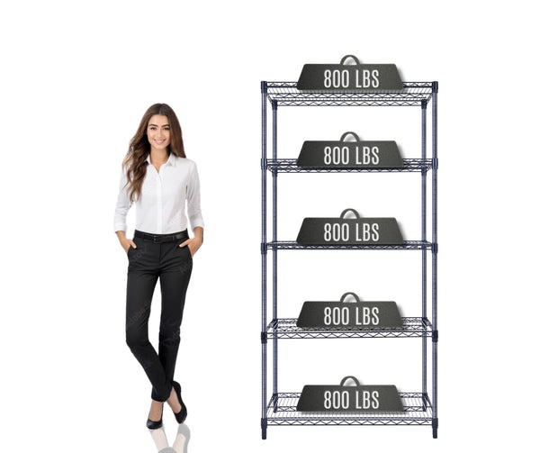 36x18x72 5-tier black wire shelving unit in a garage setting