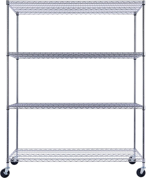 60"x24"x72" PRIME HEAVY DUTY Chrome 4-Tier Wire Shelving NSF 2400 LBS MAX Capacity Storage Rack for Commercial, School, Government, Home, Garage, Warehouse, Industrial, and Hospital (with Wheels)