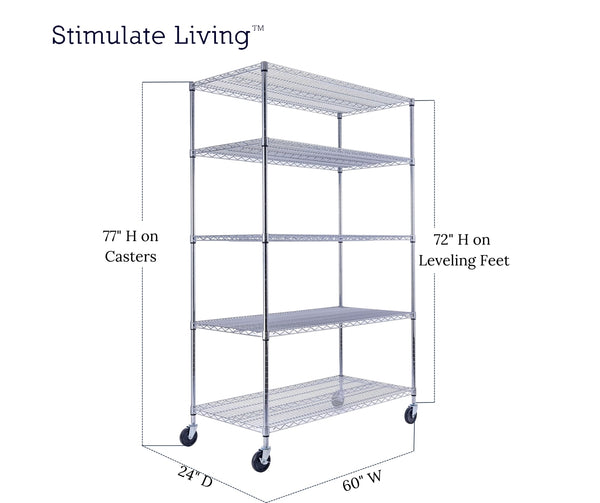 48x24x72 5-tier chrome wire shelving unit in a garage setting| Chrome wire shelving with wheels | Rolling storage rack | Utility Shelving | Wire Rack with wheels | NSF Certified | 48 x 24 x 72 chrome wire shelving