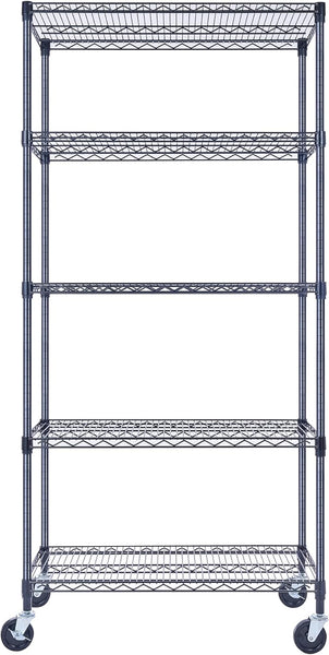 36x18x72 5-tier black wire shelving unit in a garage setting