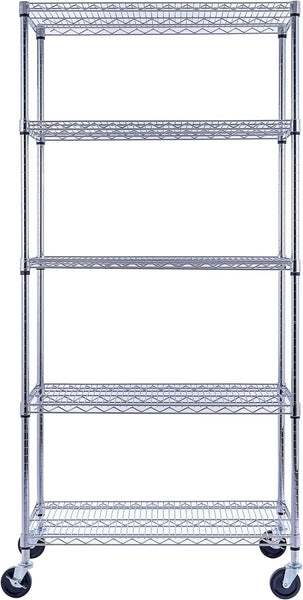 36"x18"x72" PRIME HEAVY DUTY Chrome 5-Tier Wire Shelving 4000 LBS MAX Capacity Storage Rack for Commercial, School, Government, Home, Garage, Warehouse, Industrial, and Hospital (with Wheels)