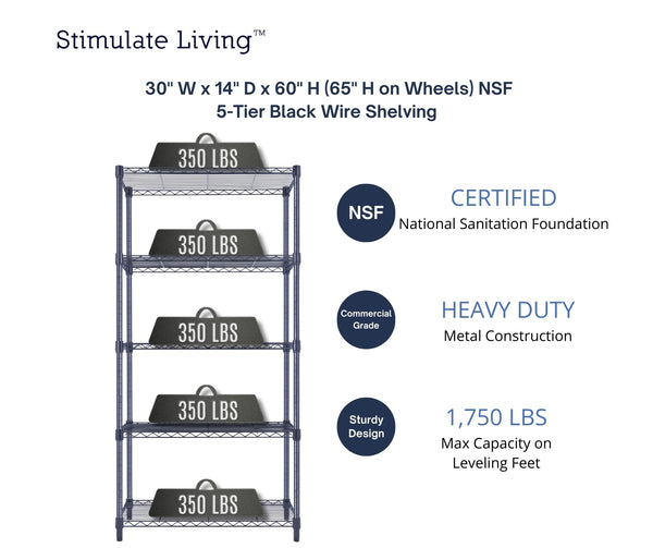 30x14x60 5-tier black wire shelving unit in a garage setting