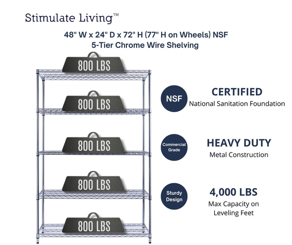 48x24x72 5-tier chrome wire shelving unit in a garage setting| Chrome wire shelving with wheels | Rolling storage rack | Utility Shelving | Wire Rack with wheels | NSF Certified | 48 x 24 x 72 chrome wire shelving