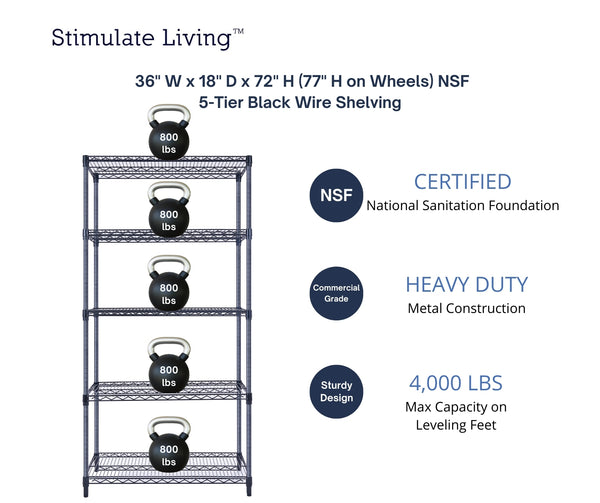 36x18x72 5-tier black wire shelving unit in a garage setting