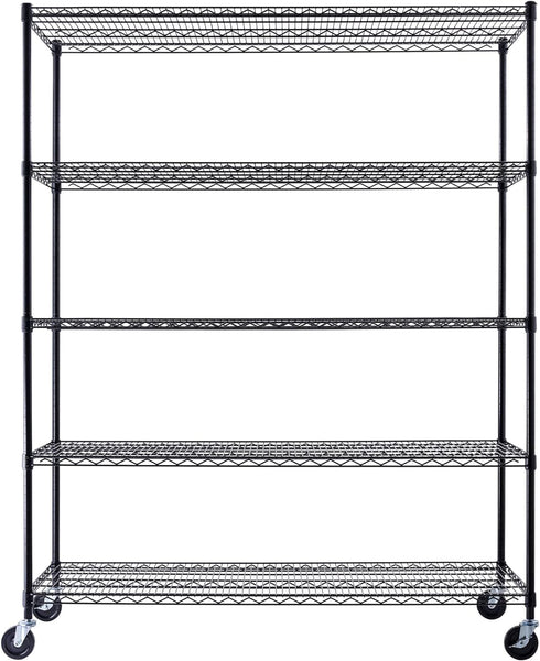 60" x 24" x 72" Black 5-Tier Wire Shelving NSF 3000 LBS Max Capacity Heavy Duty Steel Storage Rack for Commercial, Residential, Warehouse, and Industrial Uses (Includes Casters)