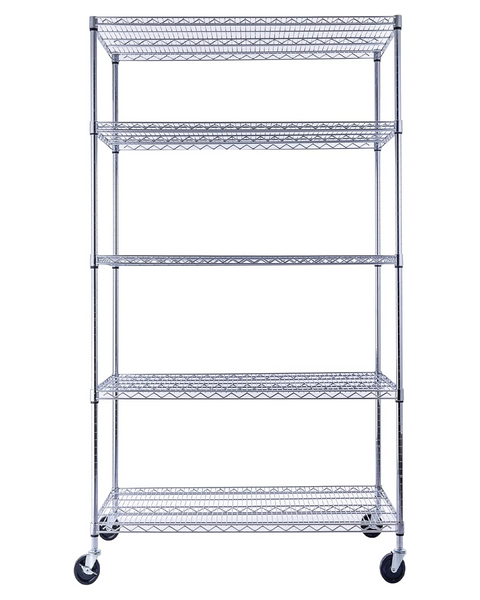 48x24x72 5-tier chrome wire shelving unit in a garage setting| Chrome wire shelving with wheels | Rolling storage rack | Utility Shelving | Wire Rack with wheels | NSF Certified | 48 x 24 x 72 chrome wire shelving