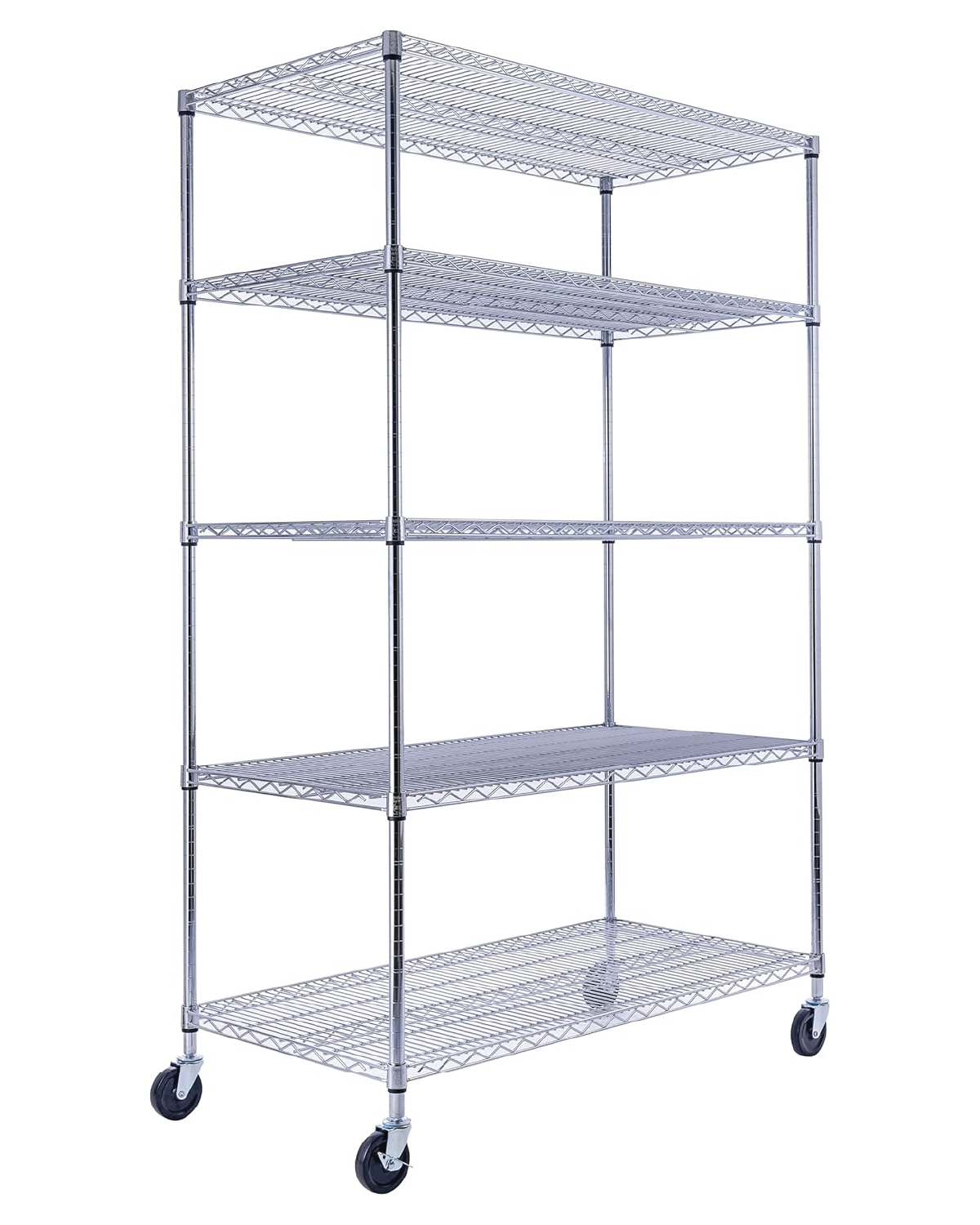 48x24x72 5-tier chrome wire shelving unit in a garage setting| Chrome wire shelving with wheels | Rolling storage rack | Utility Shelving | Wire Rack with wheels | NSF Certified | 48 x 24 x 72 chrome wire shelving