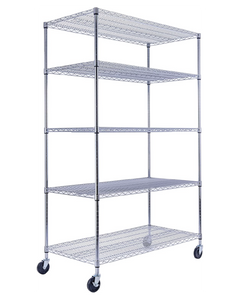 48x24x72 5-tier chrome wire shelving unit in a garage setting| Chrome wire shelving with wheels | Rolling storage rack | Utility Shelving | Wire Rack with wheels | NSF Certified | 48 x 24 x 72 chrome wire shelving