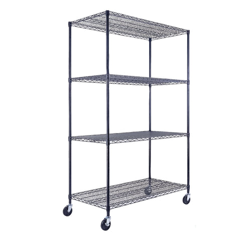 A black wire shelving unit, 48 inches wide, 24 inches deep, and 72 inches tall with four tiers, holds product boxes in a warehouse. The NSF-certified rack on wheels stands against a white industrial backdrop with crates nearby.