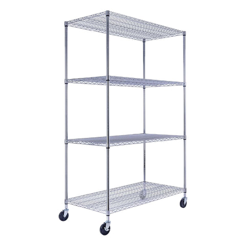 A chrome heavy-duty shelving unit, 48 inches wide, 24 inches deep, and 72 inches tall with four tiers, holds product boxes in a warehouse. The NSF-certified rack on four wheels, two locking, stands against a white industrial background.