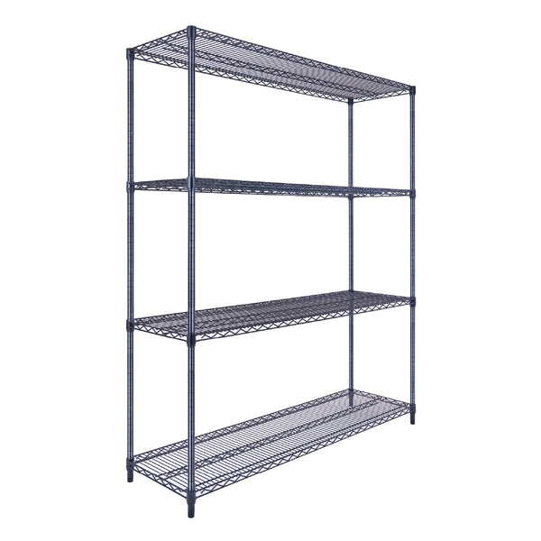 A 60-inch-wide, 18-inch-deep, 72-inch-tall black wire shelving unit with four tiers holds pantry items and appliances in a home pantry. The NSF-certified mobile rack stands against a white kitchen wall.