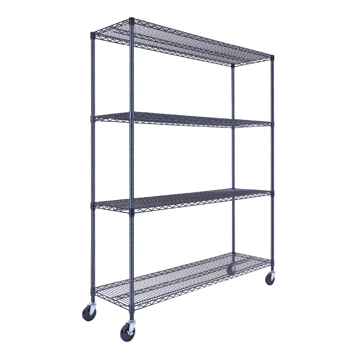 A black wire shelving unit, 60 inches wide, 18 inches deep, and 72 inches tall with four tiers, holds cookware and food supplies in a commercial kitchen. The NSF-certified rack on wheels stands against a white tiled background.