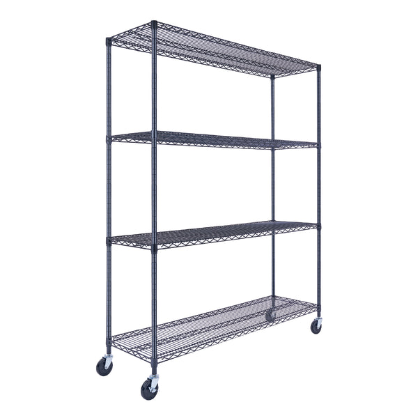 A black wire shelving unit, 60 inches wide, 18 inches deep, and 72 inches tall with four tiers, holds cookware and food supplies in a commercial kitchen. The NSF-certified rack on wheels stands against a white tiled background.