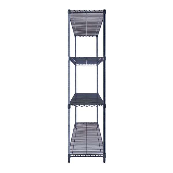 A black wire shelving unit, 60 inches wide, 18 inches deep, and 72 inches tall, stores tools and bins in a garage. The four-tier NSF-certified rack on wheels contrasts with a white workbench background.