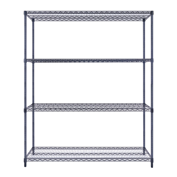 A close-up of a black wire shelving unit, 60 inches wide, 18 inches deep, and 72 inches tall, being assembled, showing steel components and pole sockets. The four-tier NSF-certified rack is built against a white background.