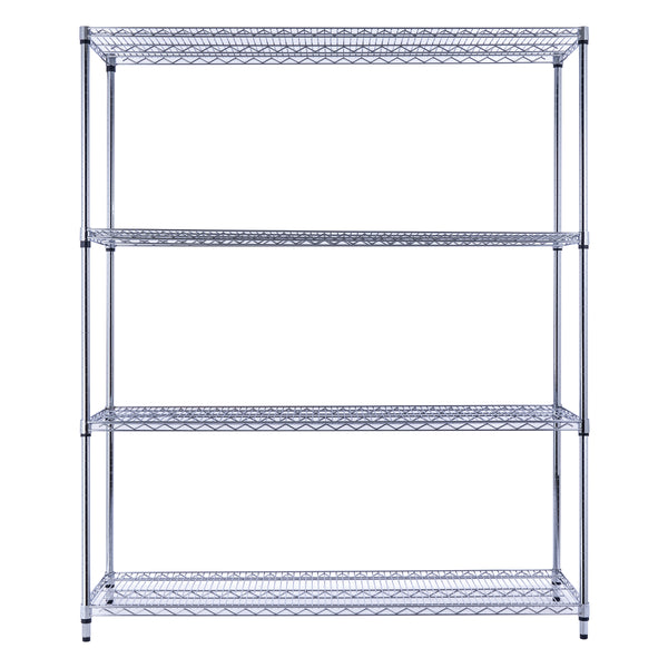 A 60-inch-wide, 18-inch-deep, 72-inch-tall chrome wire rack shelving unit with four tiers holds pantry items in a home pantry. The NSF-certified rack on leveling feet contrasts with a white kitchen wall.