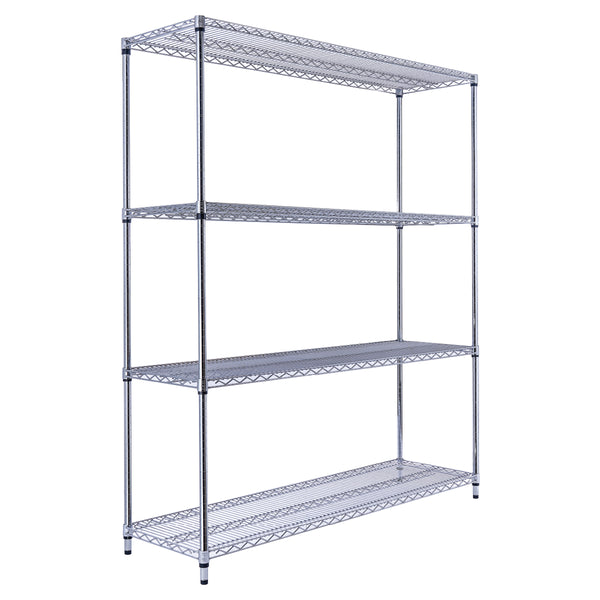 A chrome wire rack shelving unit, 60 inches wide, 18 inches deep, and 72 inches tall with four tiers, stores files and supplies in an office. The NSF-certified rack on leveling feet stands against a white background with a desk.