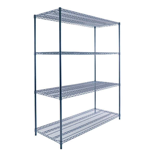 A 60-inch-wide, 24-inch-deep, 72-inch-tall heavy duty black wire shelving unit with four tiers holds pantry items and appliances in a home pantry. The NSF-certified mobile rack stands against a white kitchen wall.
