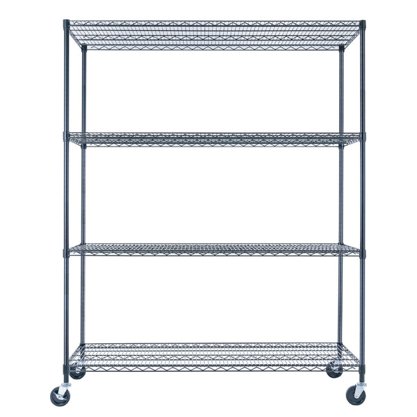A 60-inch-wide, 24-inch-deep, 72-inch-tall heavy duty black wire shelving unit with four tiers stores tools and bins in a garage. The NSF-certified rack’s wheels are visible against a white workbench backdrop.