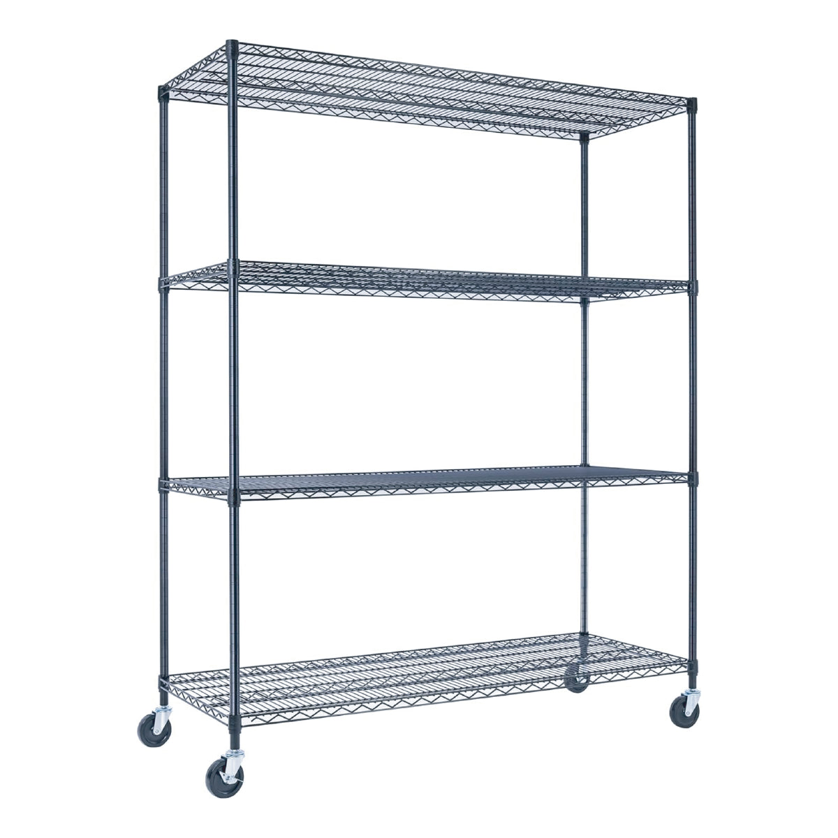 A heavy duty black wire shelving unit, 60 inches wide, 24 inches deep, and 72 inches tall with five tiers, holds product boxes in a warehouse. The NSF-certified rack on wheels stands against a white industrial background with crates.
