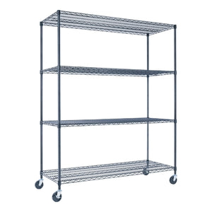 A heavy duty black wire shelving unit, 60 inches wide, 24 inches deep, and 72 inches tall with five tiers, holds product boxes in a warehouse. The NSF-certified rack on wheels stands against a white industrial background with crates.