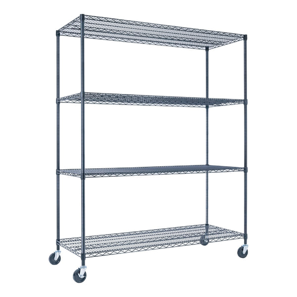 A heavy duty black wire shelving unit, 60 inches wide, 24 inches deep, and 72 inches tall with five tiers, holds product boxes in a warehouse. The NSF-certified rack on wheels stands against a white industrial background with crates.