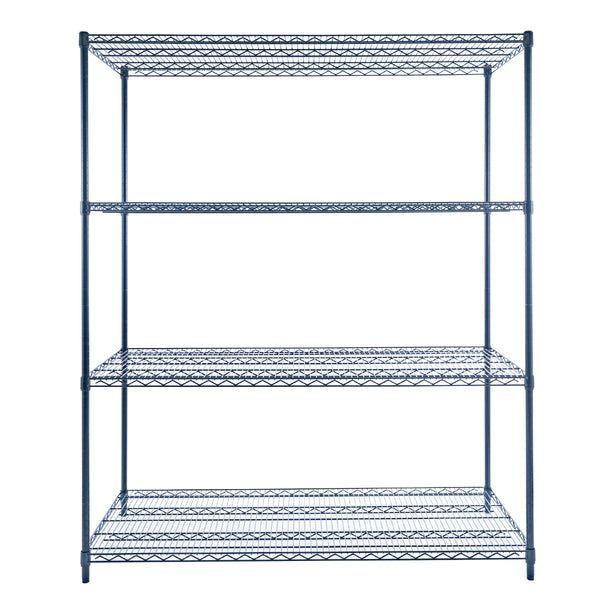 A heavy duty black wire shelving unit, 60 inches wide, 24 inches deep, and 72 inches tall with five tiers, organizes cookware and food supplies in a commercial kitchen. The NSF-certified rack on wheels contrasts with a white tiled background.