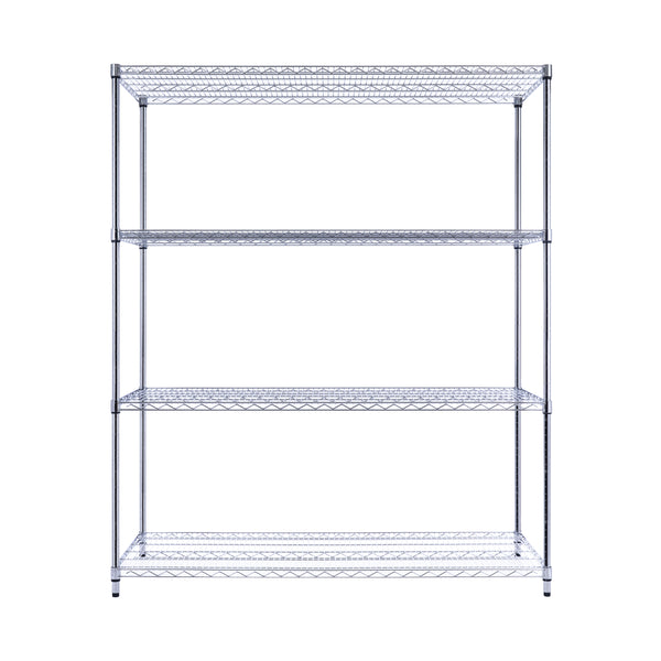A chrome wire shelving unit, 60 inches wide, 24 inches deep, and 72 inches tall with four tiers, stores files and supplies in an office. The NSF-certified rack on leveling feet stands against a white background with a desk.