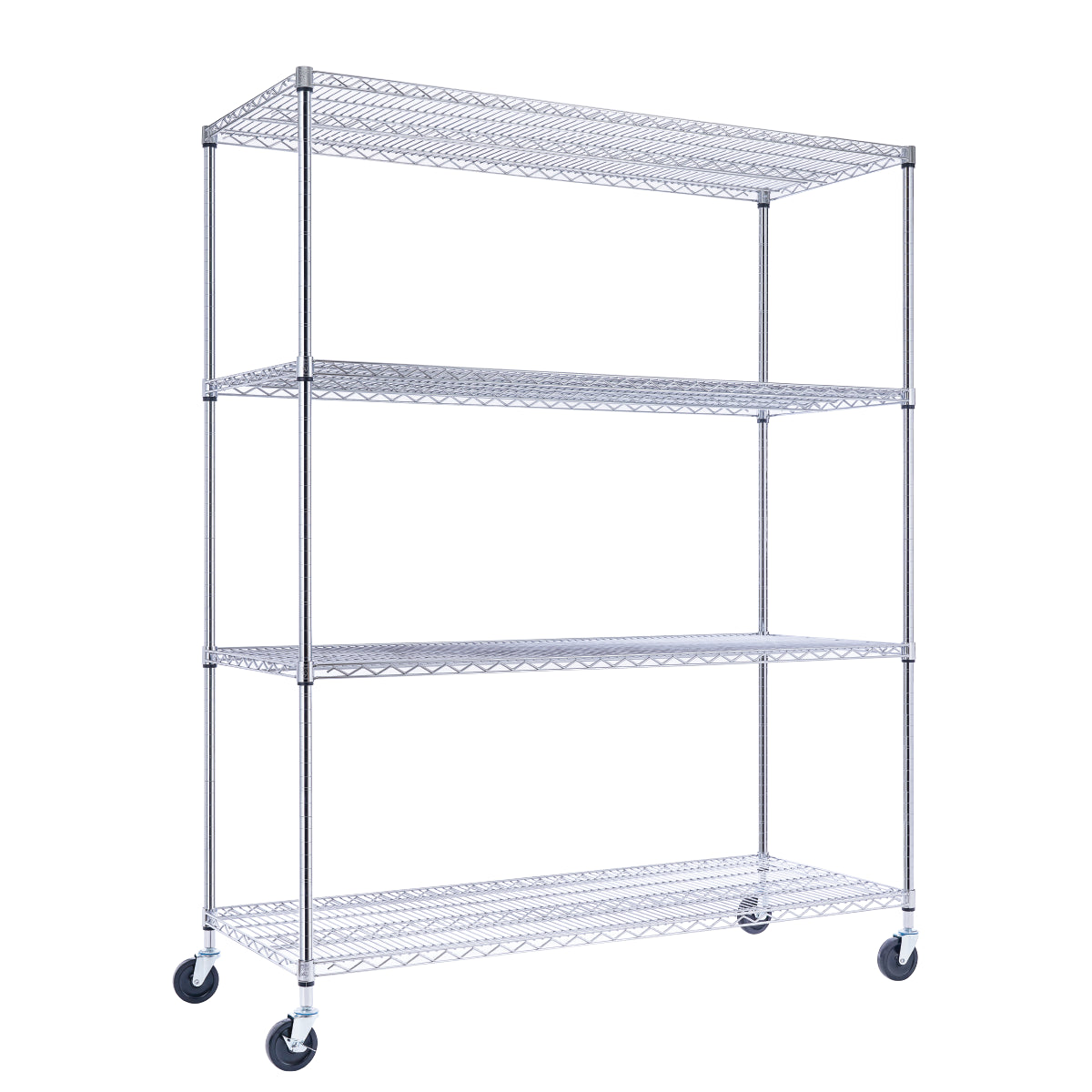 A chrome wire shelving unit, 60 inches wide, 24 inches deep, and 72 inches tall with four tiers, holds product boxes in a warehouse. The NSF-certified rack on four wheels, two locking, stands against a white industrial background.
