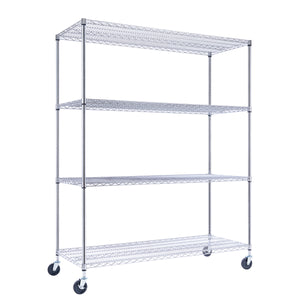 A chrome wire shelving unit, 60 inches wide, 24 inches deep, and 72 inches tall with four tiers, holds product boxes in a warehouse. The NSF-certified rack on four wheels, two locking, stands against a white industrial background.