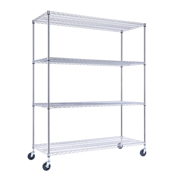 A chrome wire shelving unit, 60 inches wide, 24 inches deep, and 72 inches tall with four tiers, holds product boxes in a warehouse. The NSF-certified rack on four wheels, two locking, stands against a white industrial background.