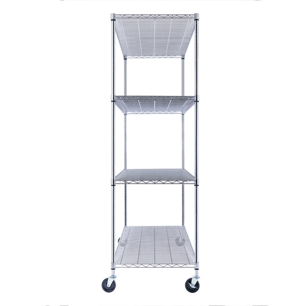 A chrome wire shelving unit, 60 inches wide, 24 inches deep, and 72 inches tall with four tiers, stores tools and bins in a garage. The NSF-certified rack on leveling feet stands against a white workbench background.
