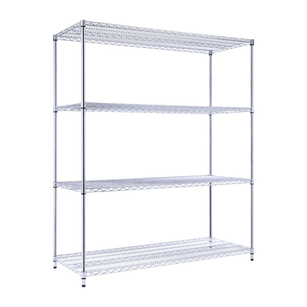 A 60-inch-wide, 24-inch-deep, 72-inch-tall chrome wire shelving unit with four tiers holds pantry items in a home pantry. The NSF-certified rack on leveling feet contrasts with a white kitchen wall.