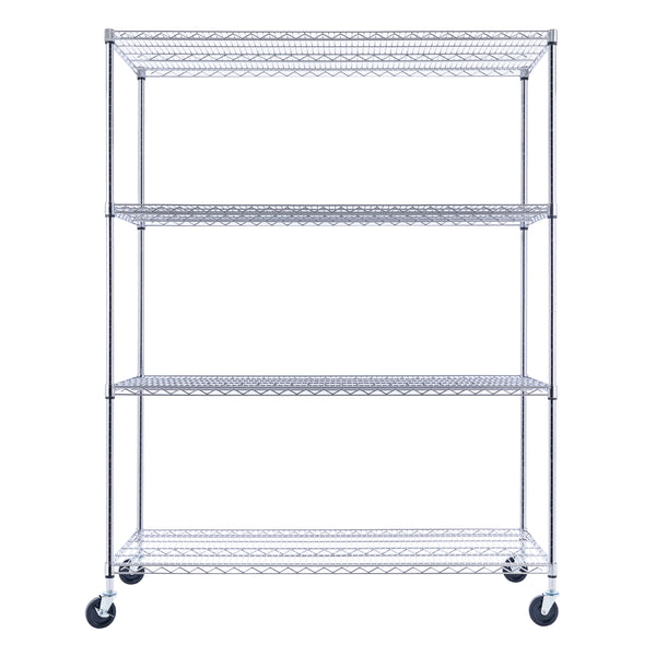 A 60-inch-wide, 24-inch-deep, 72-inch-tall chrome wire shelving unit with four tiers organizes cookware in a commercial kitchen. The NSF-certified rack on four wheels, two locking, contrasts with a white tiled background.