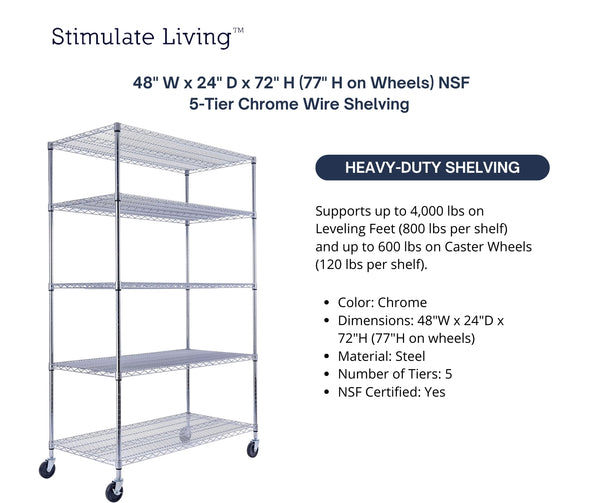 48x24x72 5-tier chrome wire shelving unit in a garage setting| Chrome wire shelving with wheels | Rolling storage rack | Utility Shelving | Wire Rack with wheels | NSF Certified | 48 x 24 x 72 chrome wire shelving