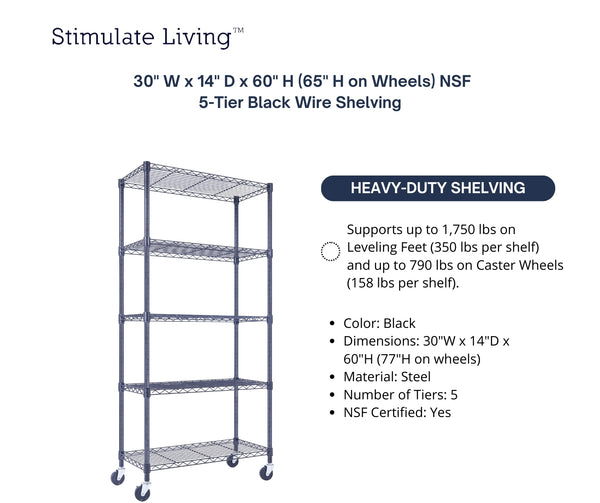 30x14x60 5-tier black wire shelving unit in a garage setting