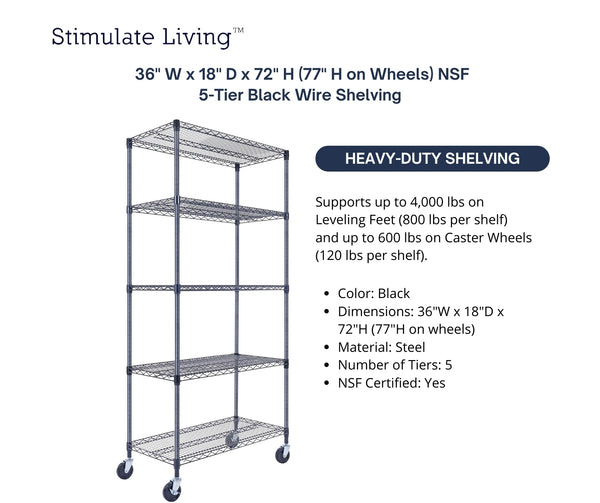 36x18x72 5-tier black wire shelving unit in a garage setting