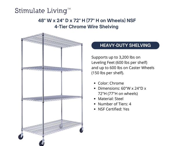 48x24x72 4-tier chrome wire shelving unit in a garage setting | black wire rack | heavy duty wire shelving on wheels | 24 wire rack | Shelves shelf | Shelving shelf