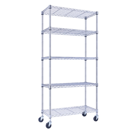A chrome wire rack shelving unit, 30 inches wide, 14 inches deep, and 60 inches tall with five tiers, holds pantry items in a small kitchen. The NSF-certified rack on four wheels, two locking, stands against a white tiled background.