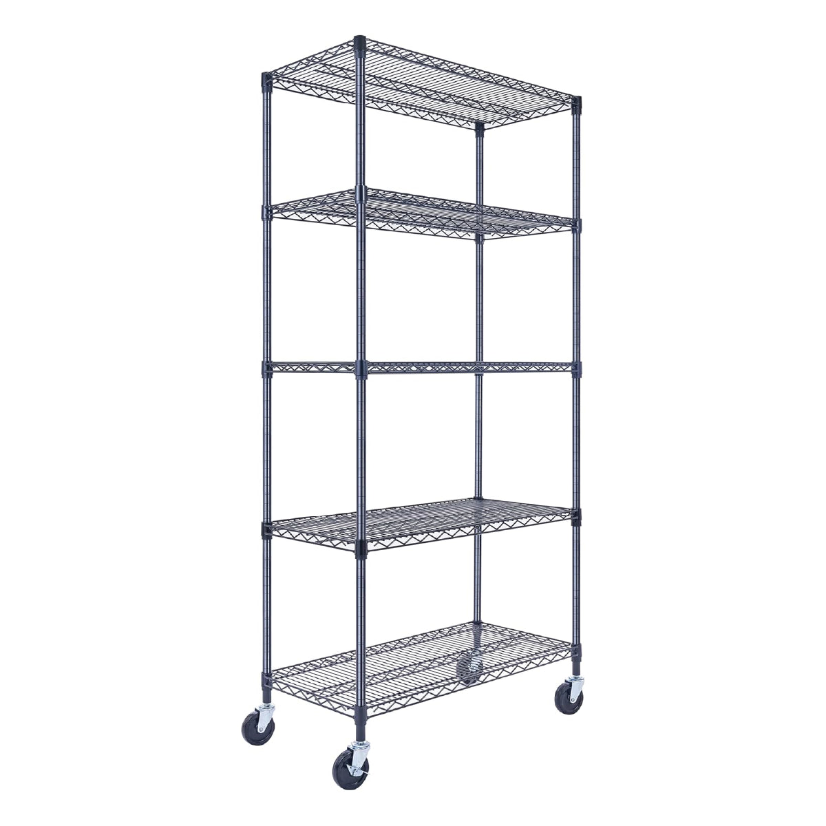 A black wire shelving unit, 36 inches wide, 18 inches deep, and 72 inches tall with five tiers, holds files, books, and office supplies in a home office. The sturdy rack on wheels stands against a white wall with a desk nearby.