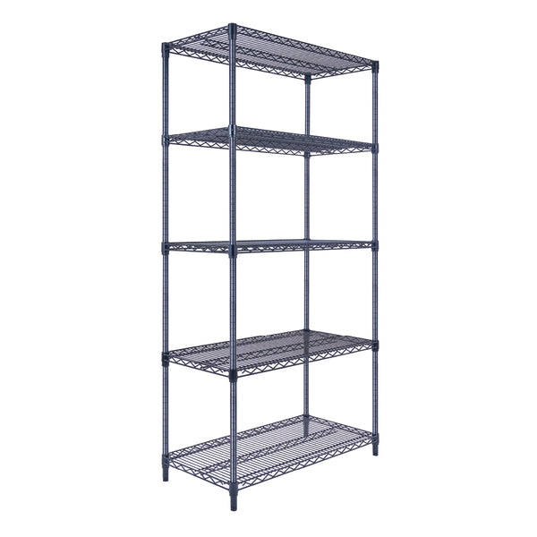 A black wire shelving unit, 36 inches wide, 18 inches deep, and 72 inches tall, stores cookware and pantry items in a kitchen. The five-tier rack’s sleek black finish contrasts with a white tiled background.