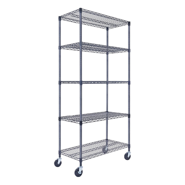 A black wire shelving unit, 36 inches wide, 18 inches deep, and 72 inches tall with five tiers, holds files, books, and office supplies in a home office. The sturdy rack on wheels stands against a white wall with a desk nearby.