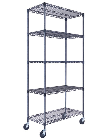 36x18x72 5-tier black wire shelving unit in a garage setting