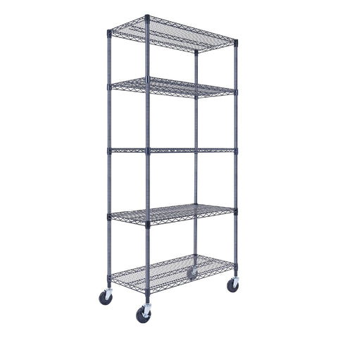 A black wire shelving unit, 36 inches wide, 18 inches deep, and 72 inches tall with five tiers, holds files, books, and office supplies in a home office. The sturdy rack on wheels stands against a white wall with a desk nearby.