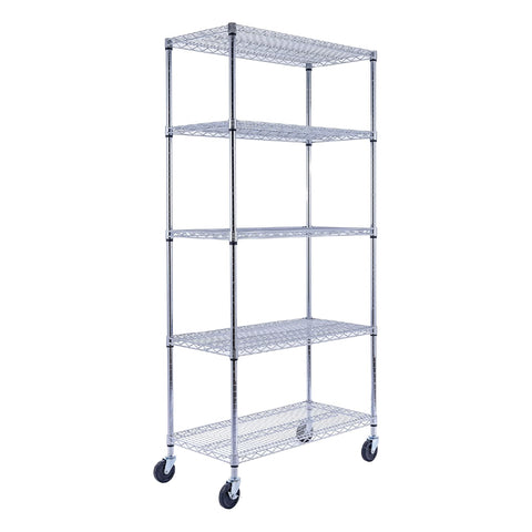 A chrome wire rack shelving unit, 36 inches wide, 18 inches deep, and 72 inches tall with five tiers, holds inventory boxes in a retail stockroom. The NSF-certified rack on four wheels, two locking, stands against a white background with bins.