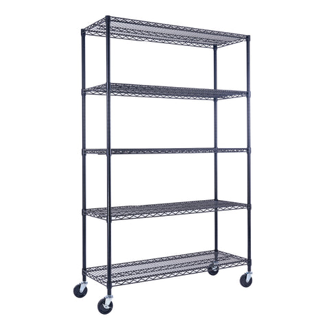 A sturdy black metal wire shelving unit, 60 inches wide and 72 inches tall, stands in a garage, holding heavy power tools, storage bins, and cast iron cookware. The five-tier rack, mounted on wheels, is illuminated against a concrete floor and tool-laden background.
